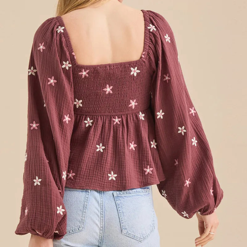 Floral Embroidered Smocked Square Neck Vintage Casual Tops