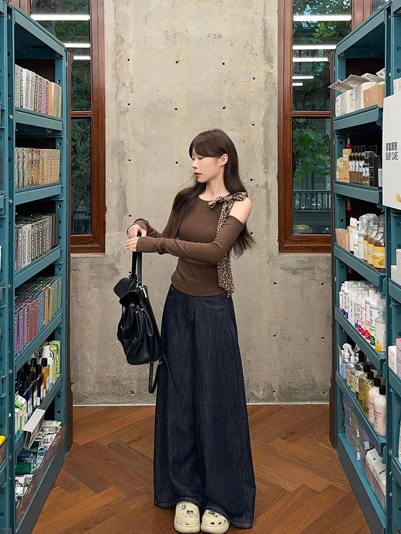 Coffee Leopard  Round Neck Long Sleeve Slim Top