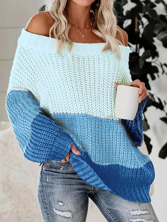 Off-The-Shoulde Color Contrast Batwing Sleeve Pullover Sweater