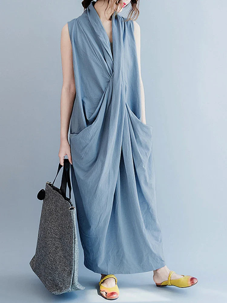 Summer  Oversize Asymmetrical  Baggy V Neck Maxi Dress with Pockets