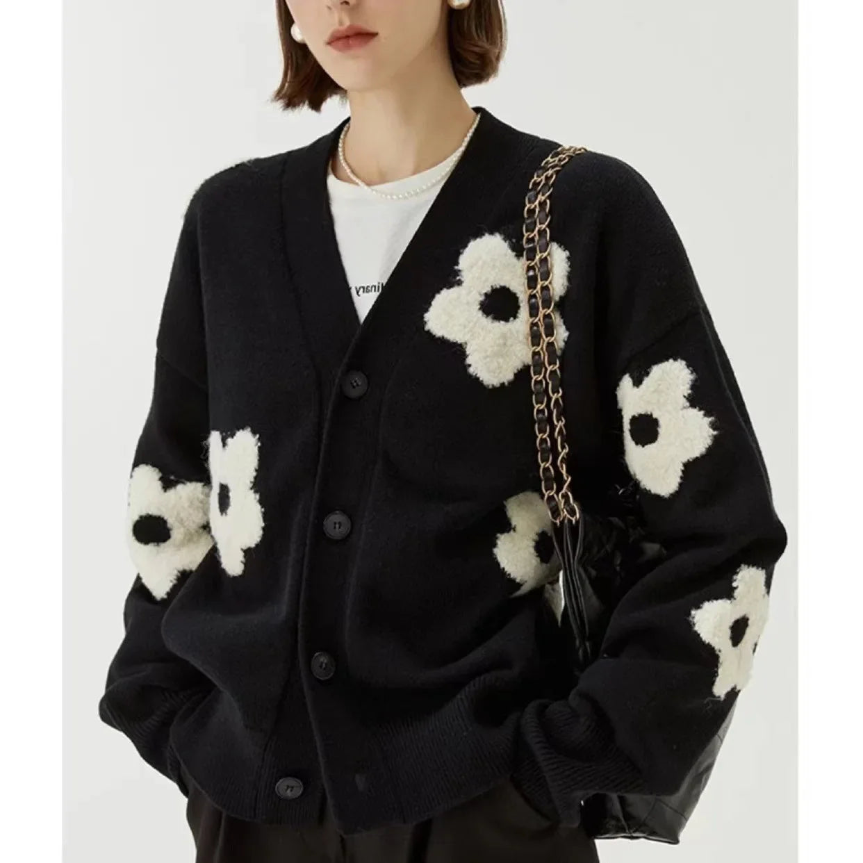 Trendy Floral Embroidered Knitted  Loose Fitting Cardigan