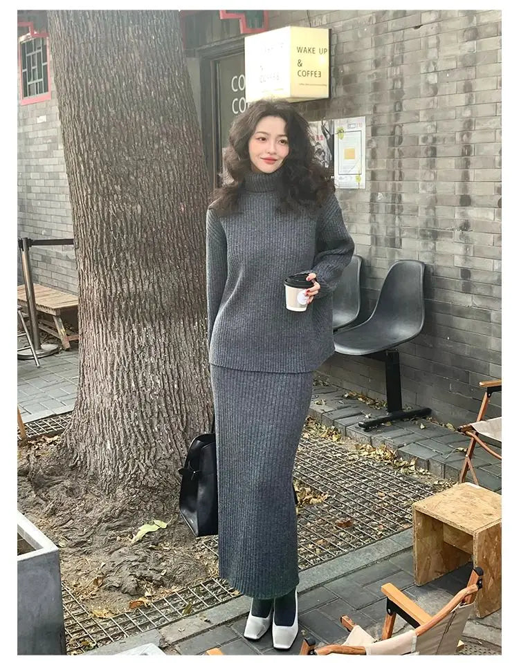 French Trendy Retro Two-piece Set with High Neck Sweater Knitted Top