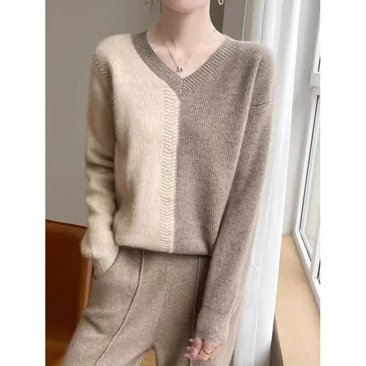Chic Cashmere Knitted Color Block Patchwork Loose-Fit Style Pullover