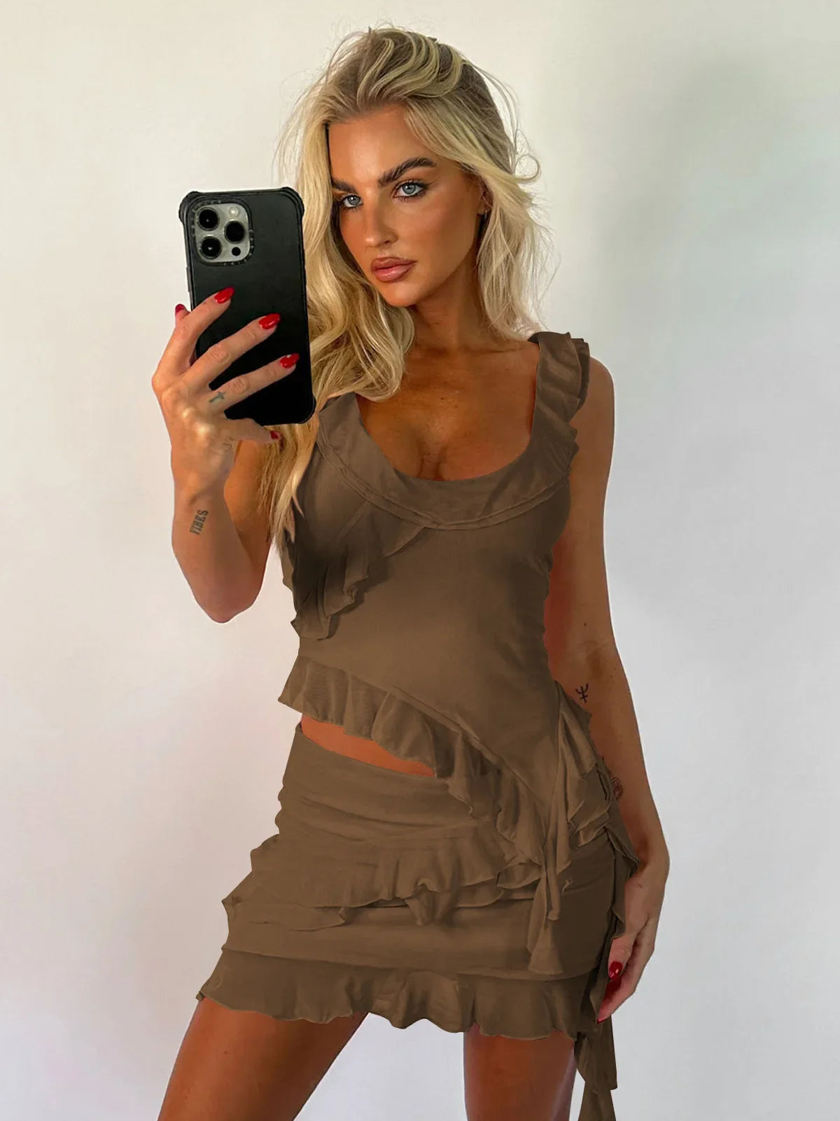 Irregular Design Skirt & U-neck 2 Piece Ruffled Dress Set