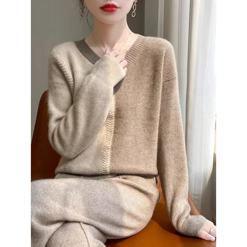 Chic Cashmere Knitted Color Block Patchwork Loose-Fit Style Pullover