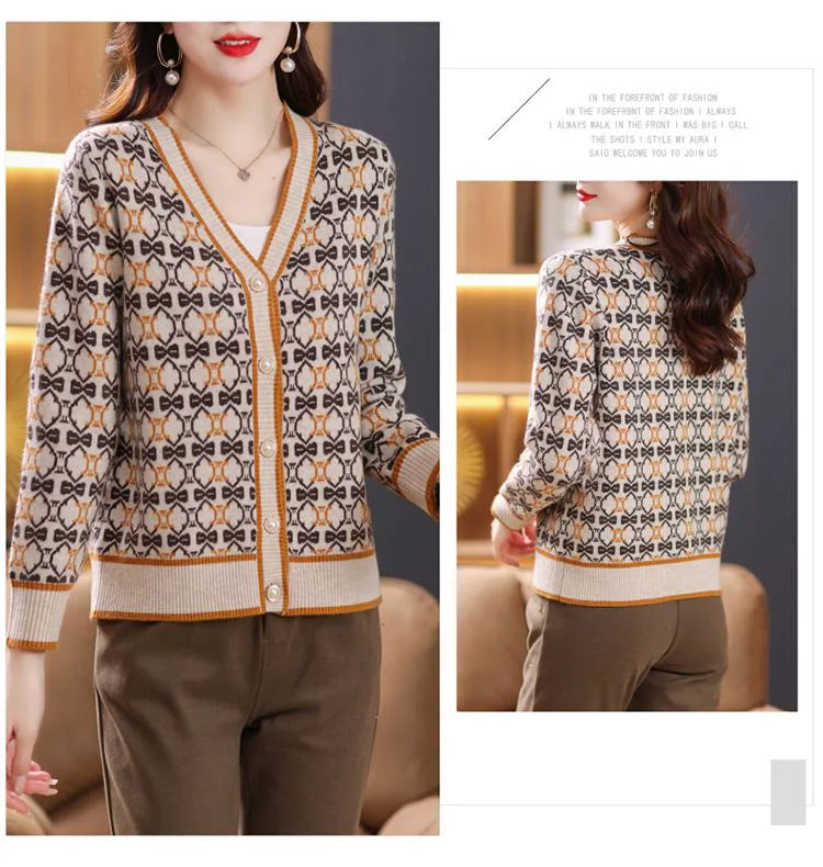 Vintage Elegant V-neck Jacquard Knitted Cardigan