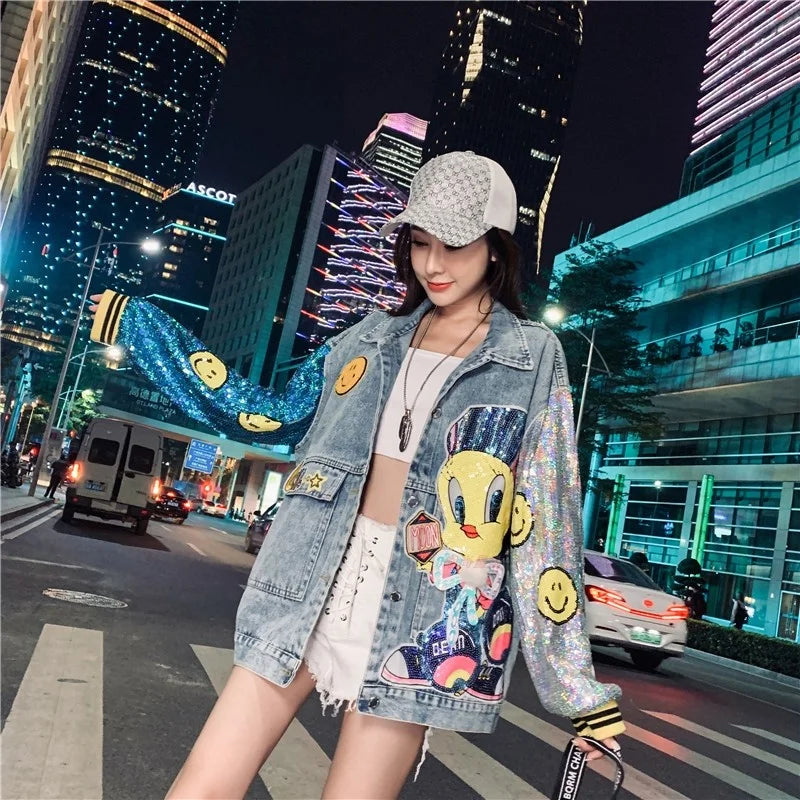 Hip Hop Cartoon Sequin Stitching Embroidery  Denim Jackets