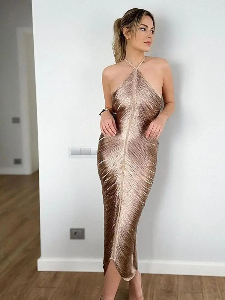 Tassel Back Slit Halter Off Shoulder Long Dress