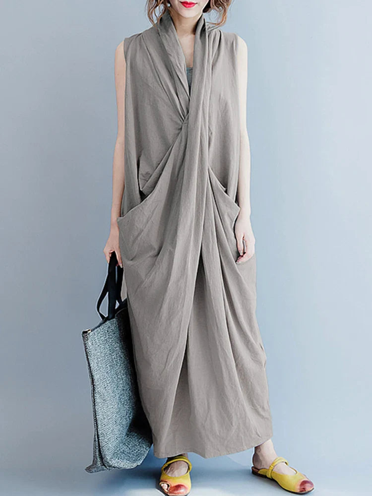 Summer  Oversize Asymmetrical  Baggy V Neck Maxi Dress with Pockets