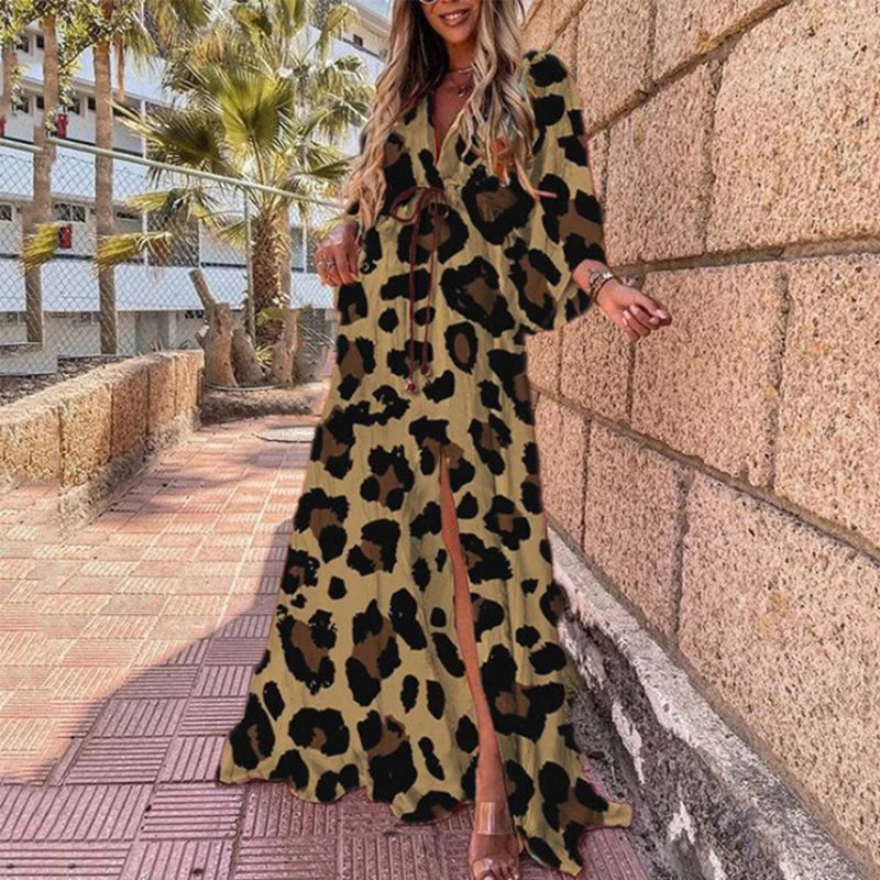 Elegant Artsy Print Oversized Holiday Beachy Maxi V-Neck Dress