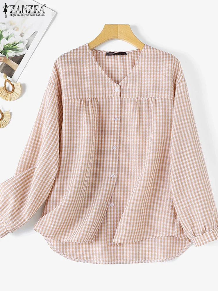 Vintage Plaid Checked  V-Neck Shirt with Long Sleeves