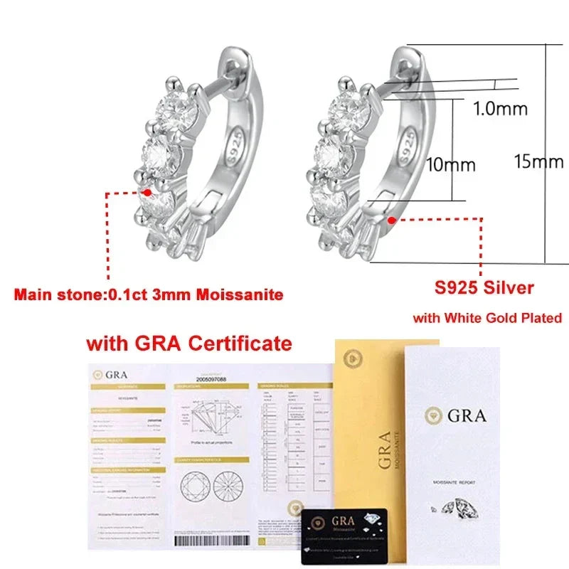 GRA Certified Elegant 3mm Moissanite Earrings 925 Sterling Silver or Gold Hoop Earrings.
