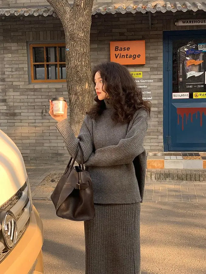 French Trendy Retro Two-piece Set with High Neck Sweater Knitted Top