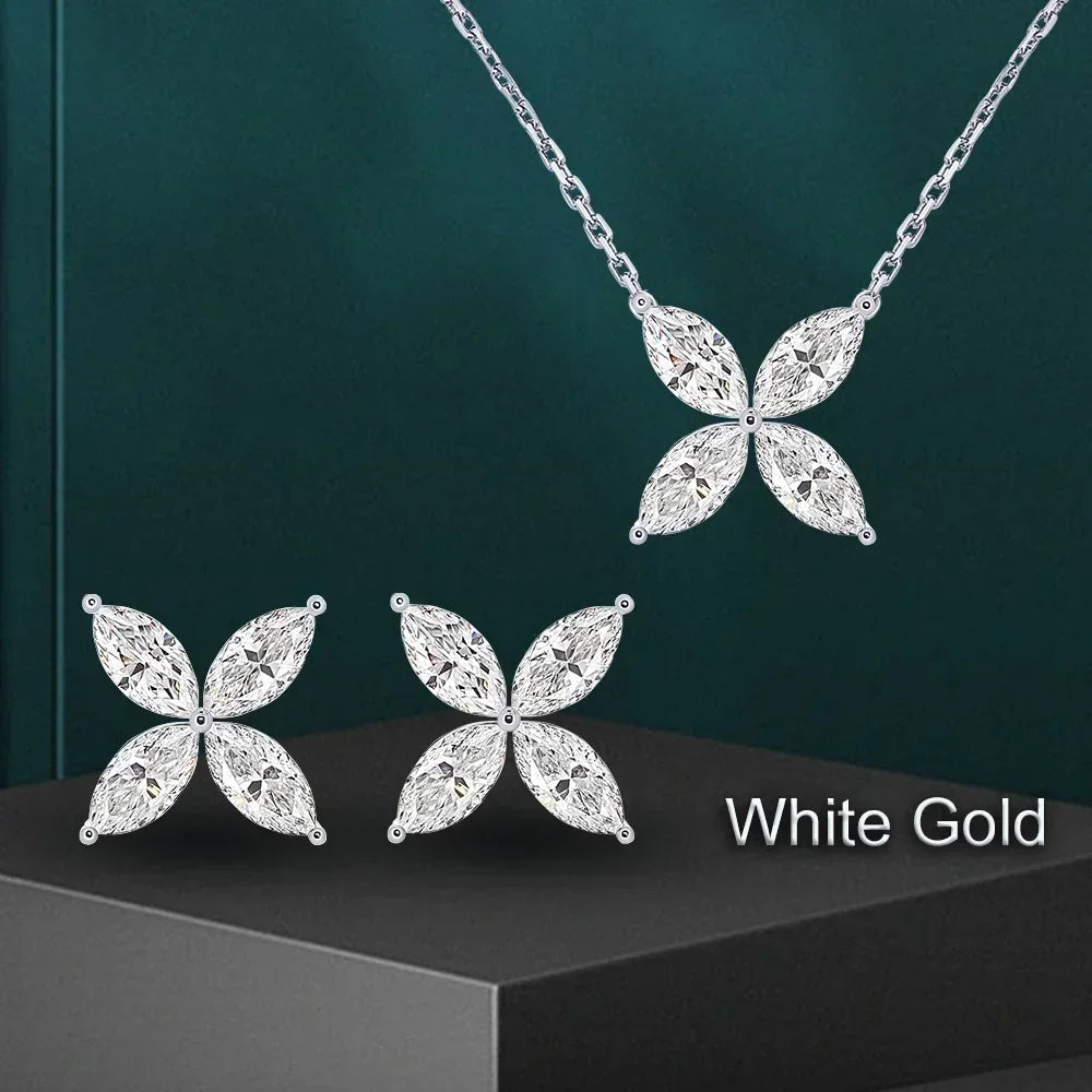 GRA Certified Butterfly Moissanite Jewelry Sets Marquise Cut Diamond Pendant, Necklace, Stud Earrings