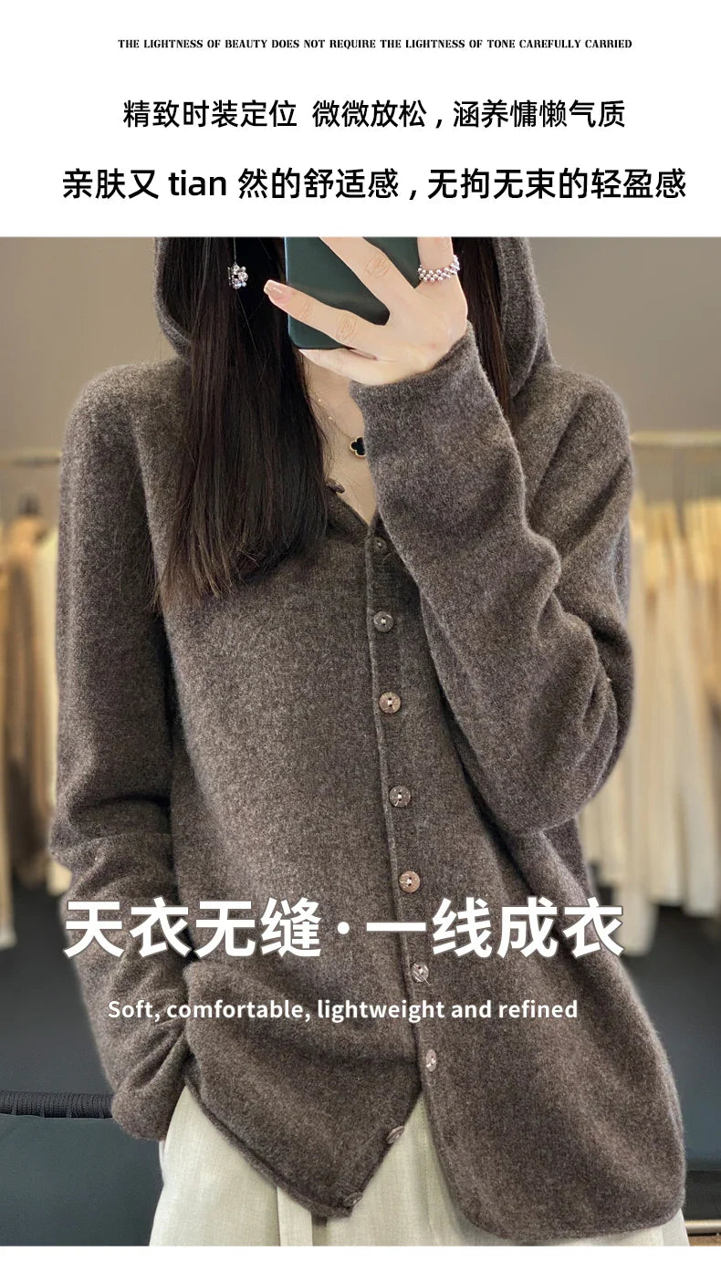 100% Merino Wool  Hooded Cardigan