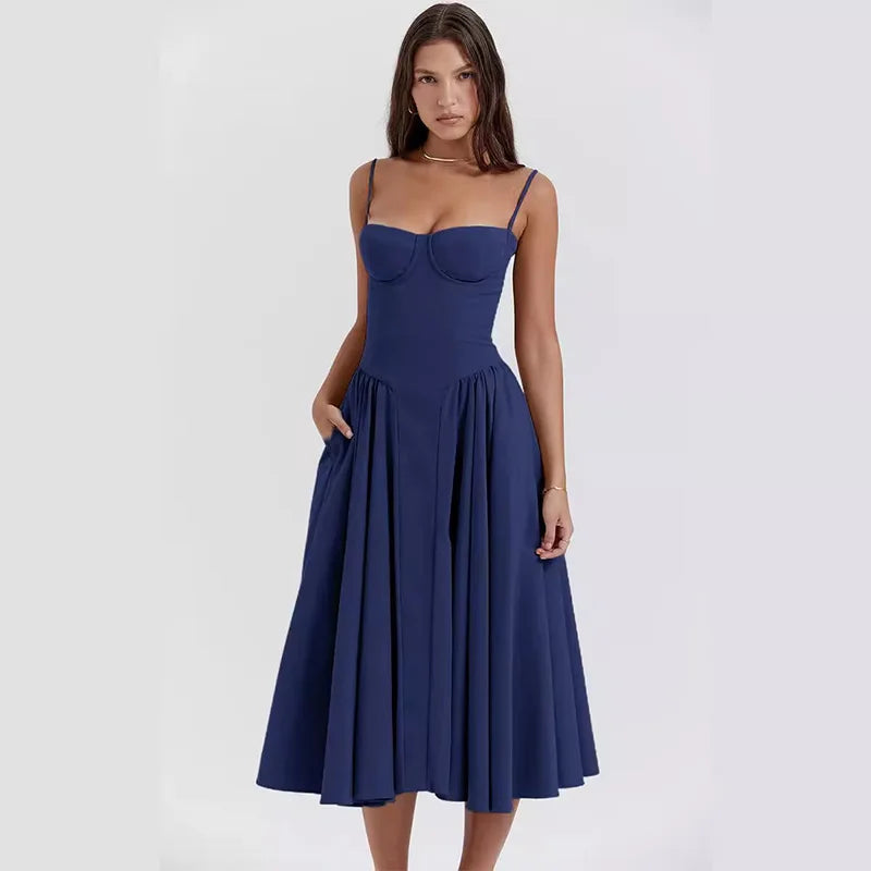Party Pleated Hem Sling Midi Sleeveless Backless Dresses