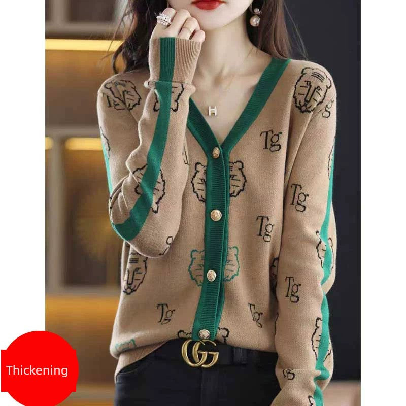 Chic 2-Color Knitted Cardigan Jacquard Loose-Fitting  with Long Sleeve