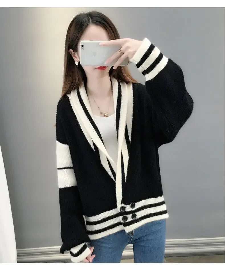 Striped Knitted  Cardigan Coat Long Sleeve Sweater Jackets