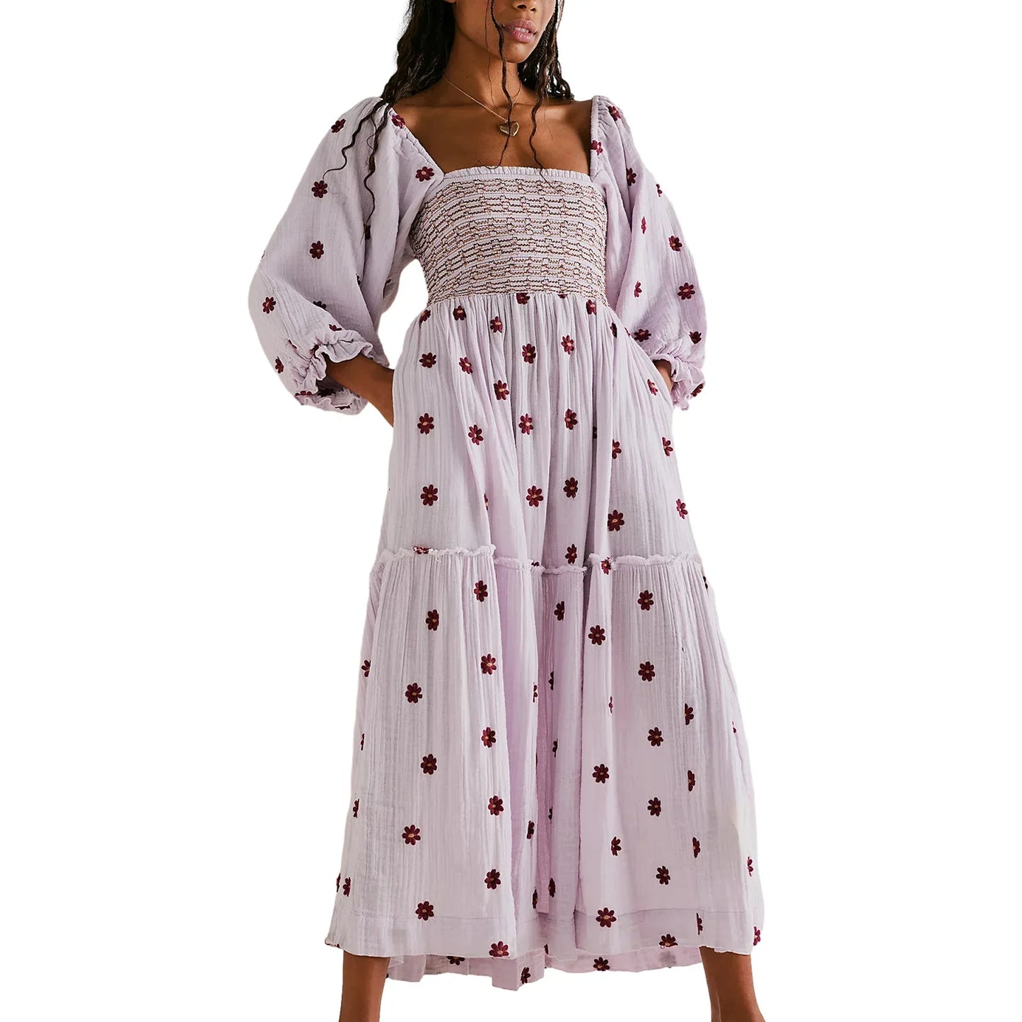 Bohemian Floral Embroidery  Square Neck  Loose Swing Long Dress with 3/4 Puff Sleeves