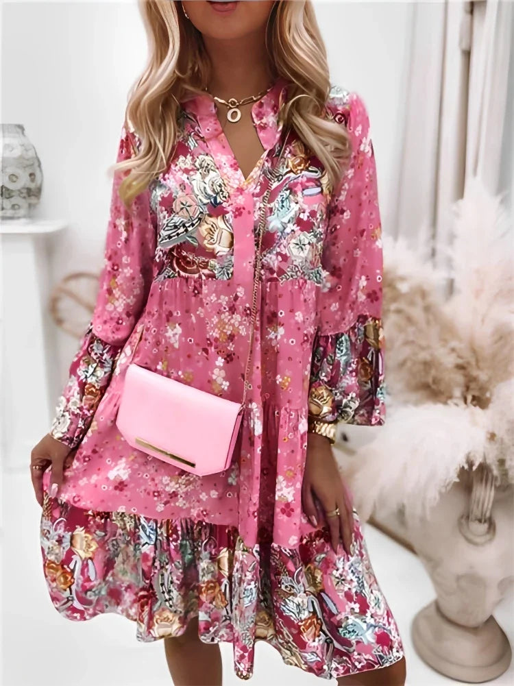 Cute Boho V Neck Floral Design Dress with Ruffles