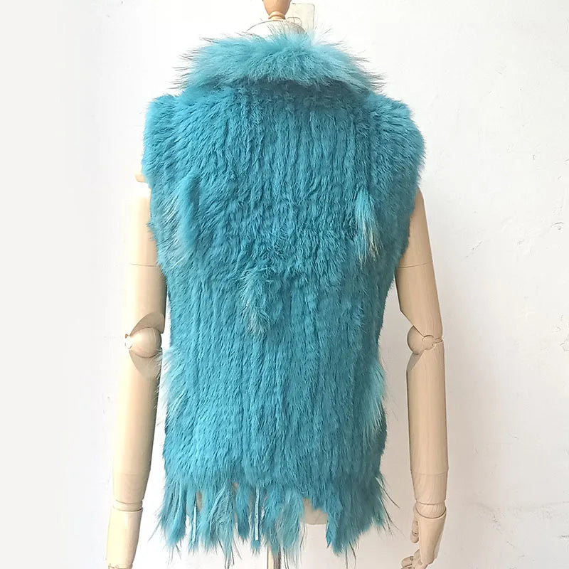 Warm Sleeveless Genuine Rabbit Fur Knitted Vest with Tassel