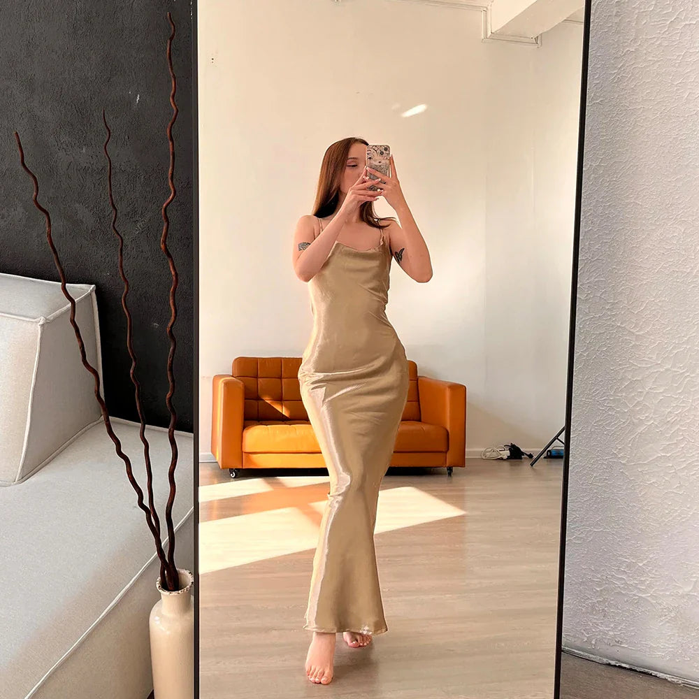 Spaghetti Strap Sleeveless Elegant Satin Backless Maxi Dress