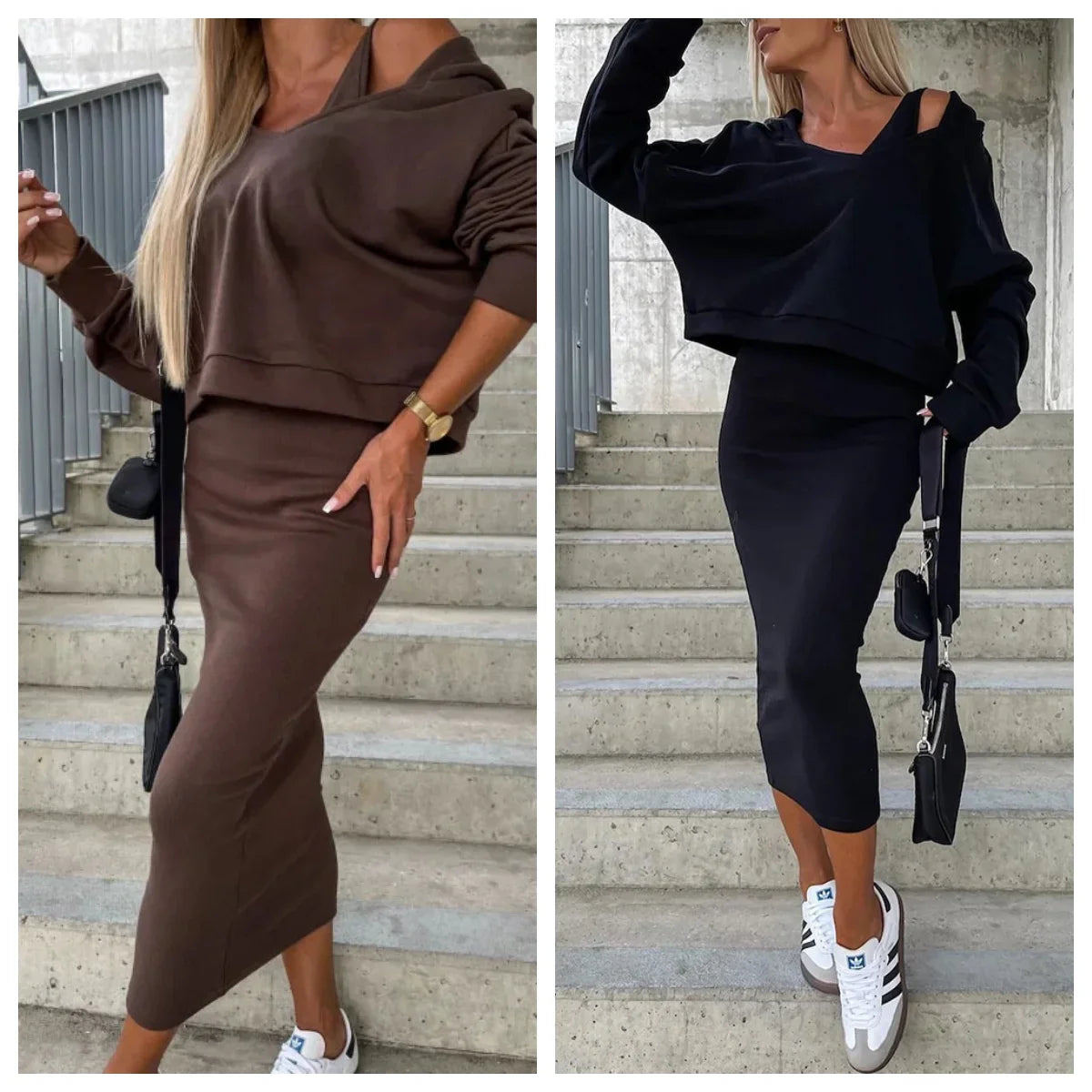 Sporty Slim Fit V-Neck Hooded Sweater Long Dress with Short Top- 2 Prices Set
