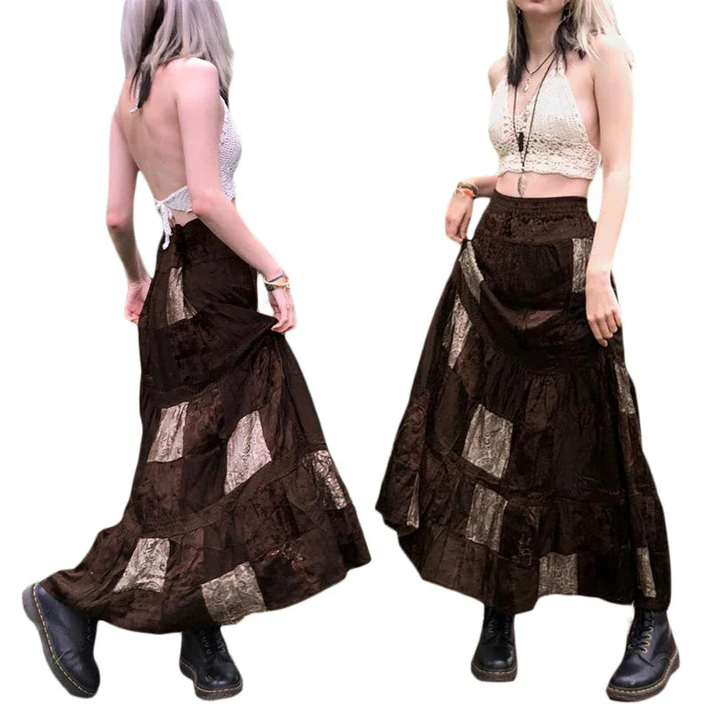 Boho  Patchwork Brown Pleated   Skirt