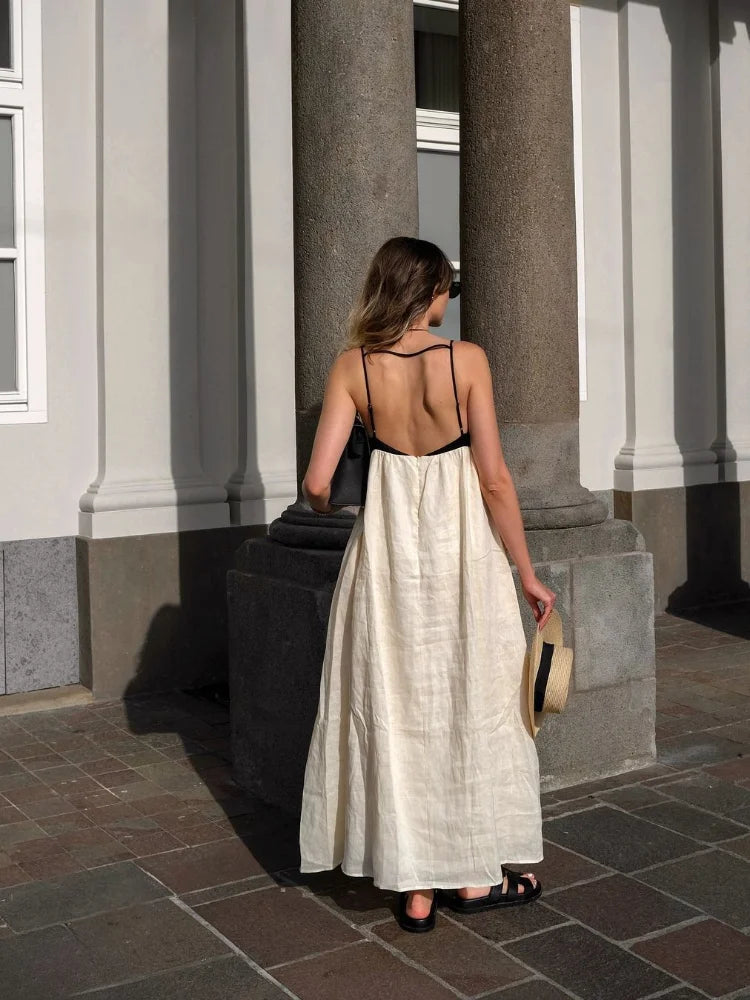 White and Black  Contrasting Color Hollow Out Sling Maxi Sleeveless Dress