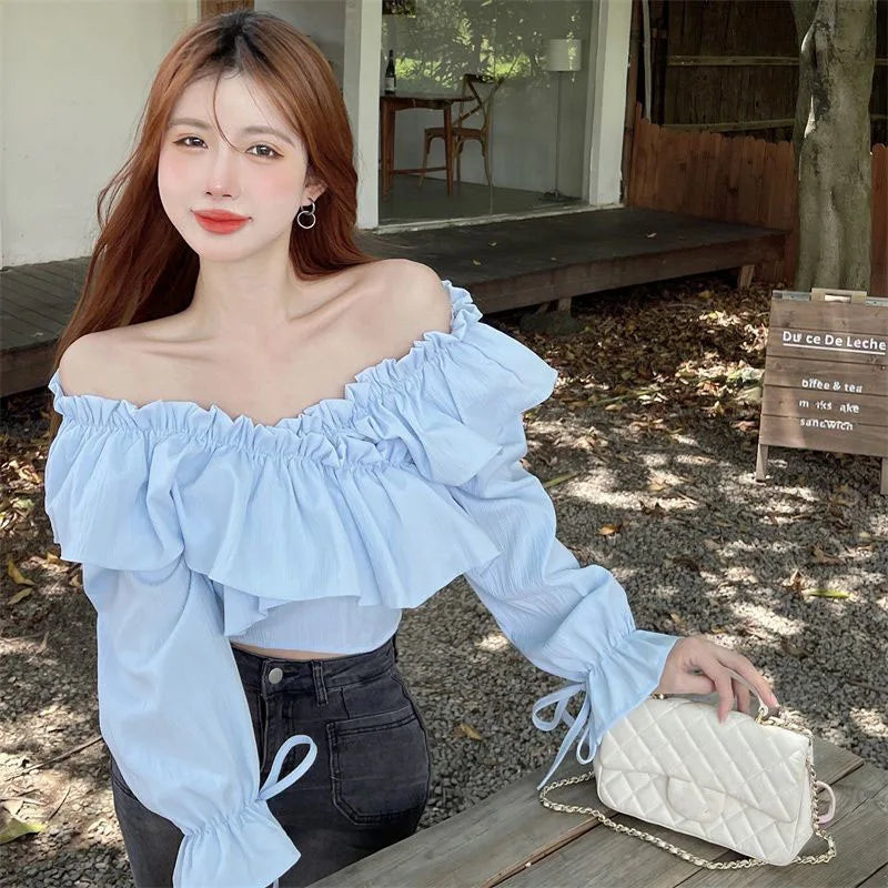 Ruffles Patchwork V-Neck Crop Tops Blouse  with Long Sleeve