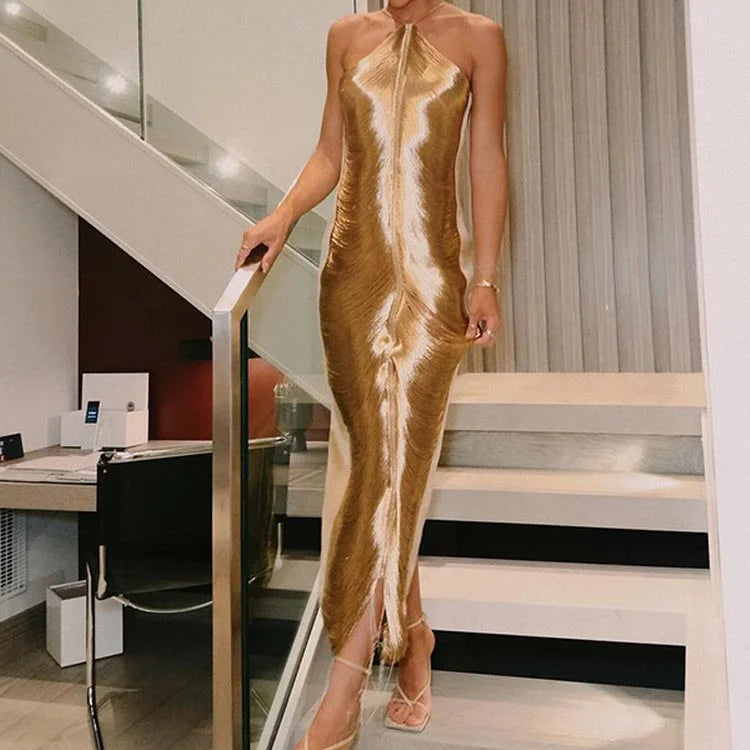 Tassel Back Slit Halter Off Shoulder Long Dress