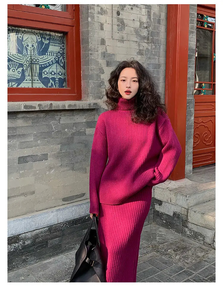 French Trendy Retro Two-piece Set with High Neck Sweater Knitted Top