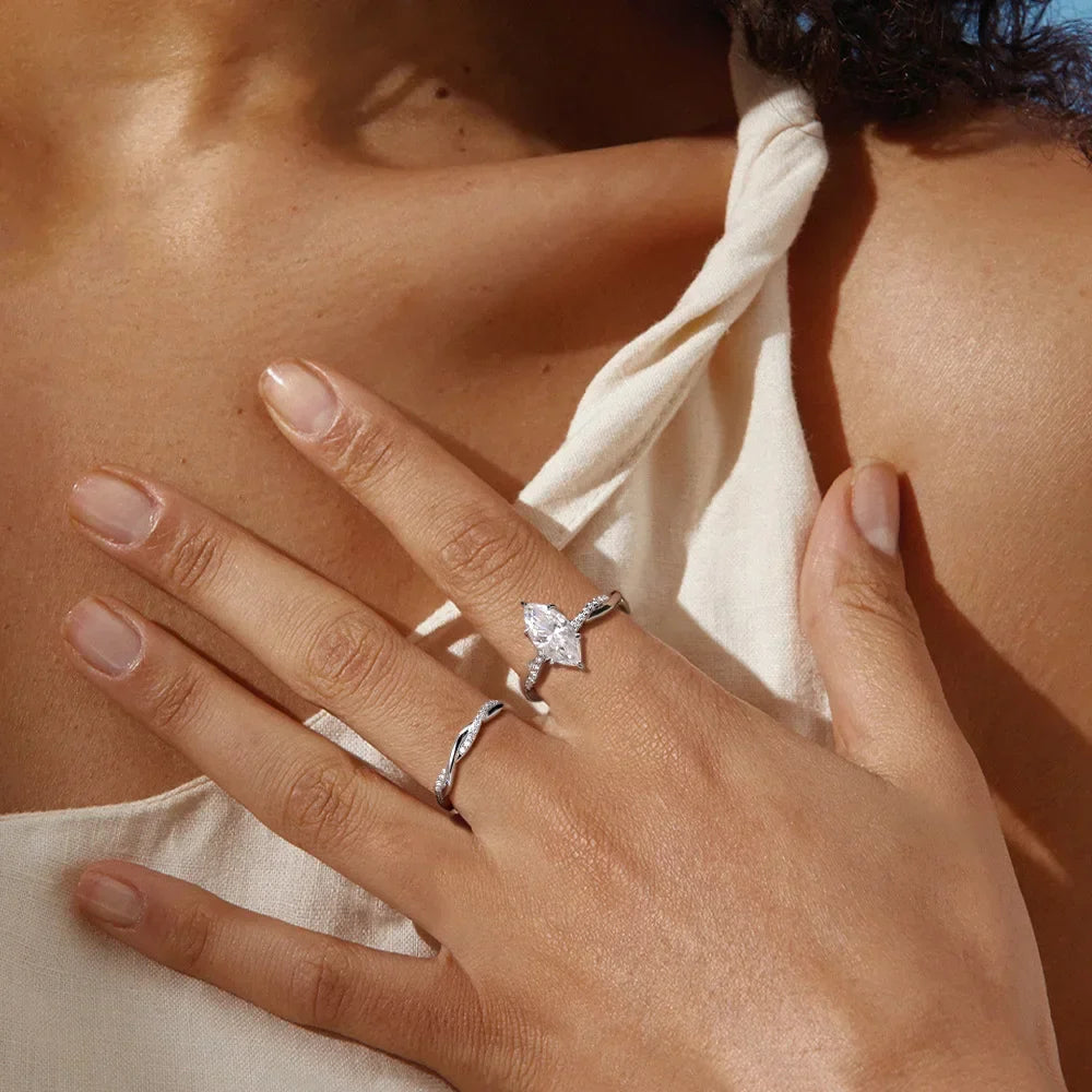 Marquise Cut Sterling Silver 2CT Flawless Moissanite Diamond Ring Set