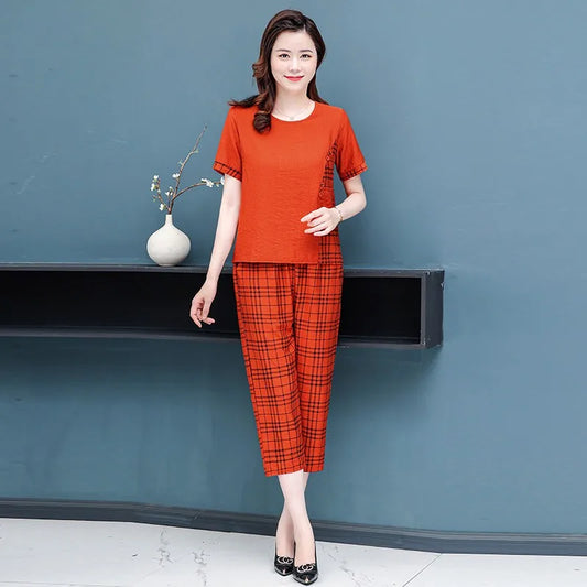 Linen Luxe T-Shirt Capris Plaid Pants 2 Piece Set