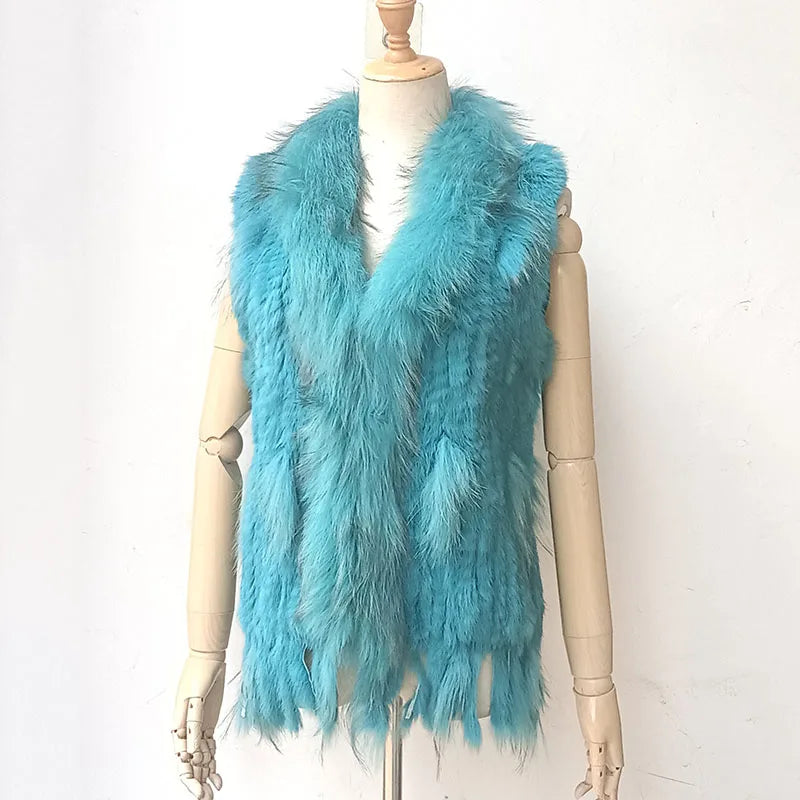 Warm Sleeveless Genuine Rabbit Fur Knitted Vest with Tassel
