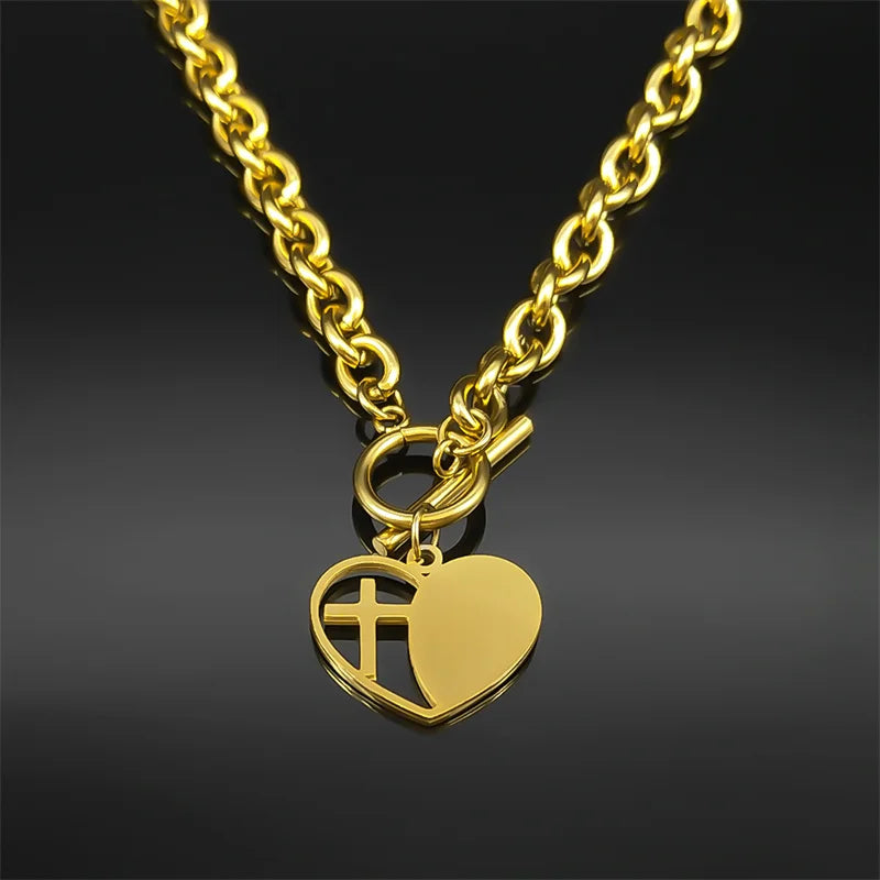 Rhinestone Heart Cross Matching Pendant & Bracelet Jewelry Set