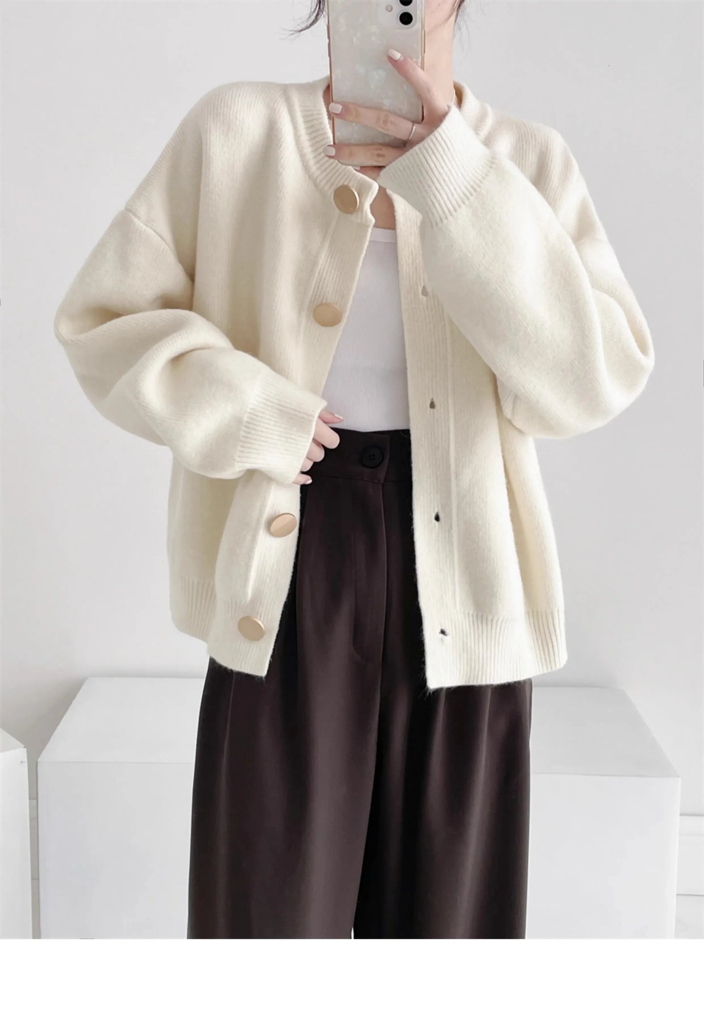 Elegant Cashmere  O-neck Knitted Loose  Cardigans Sweater