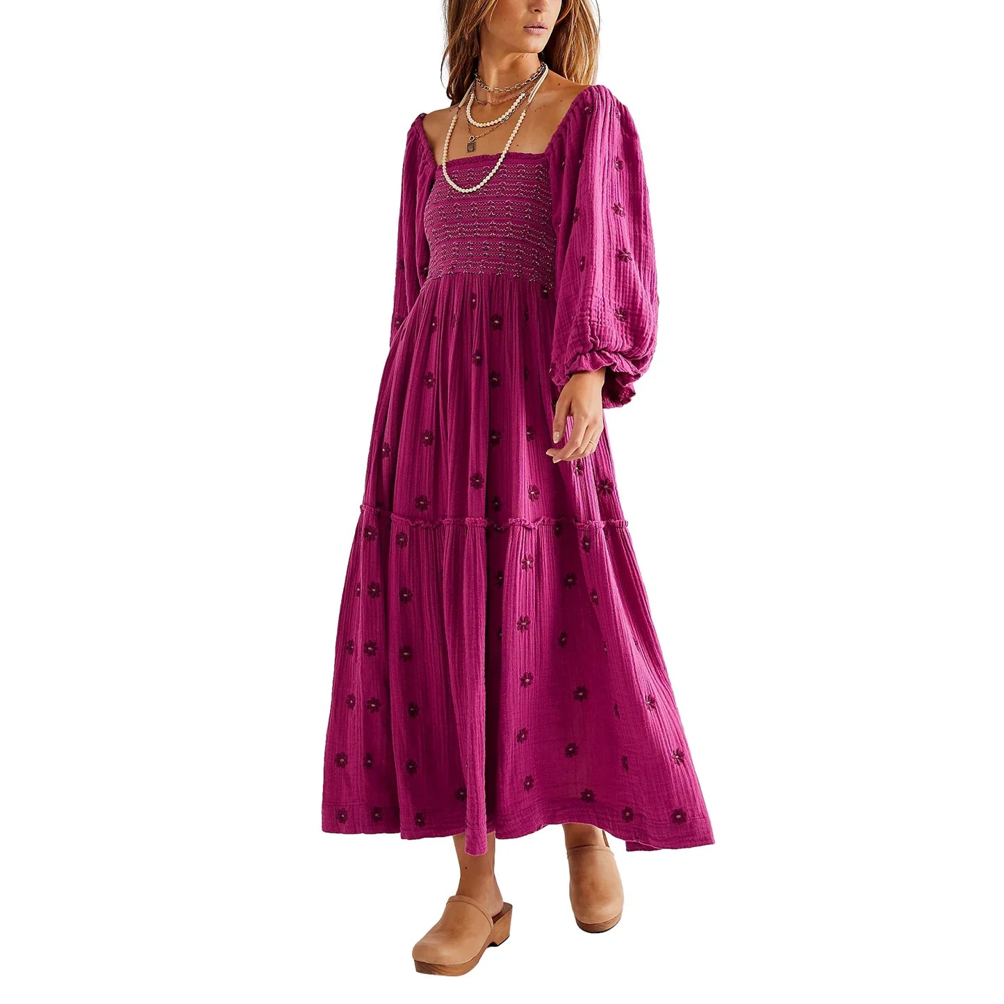 Bohemian Floral Embroidery  Square Neck  Loose Swing Long Dress with 3/4 Puff Sleeves