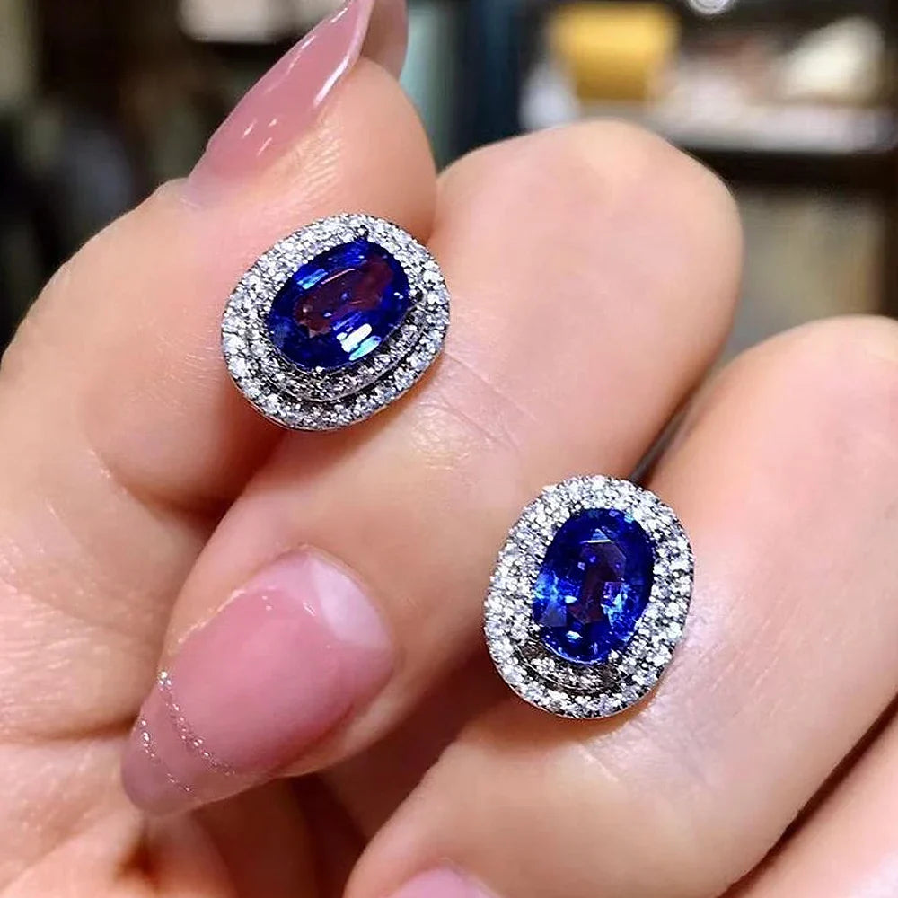 Gorgeous Blue Sapphire CZ Oval Shaped Stud Earrings
