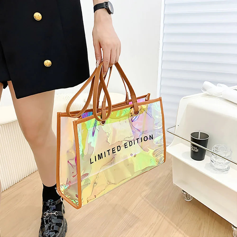 Clear Neon Holographic Large Tote Bag