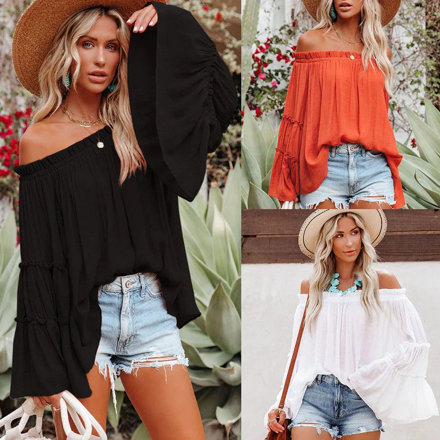 Orange Red  Off Shoulder Flare Long Sleeve Blouse
