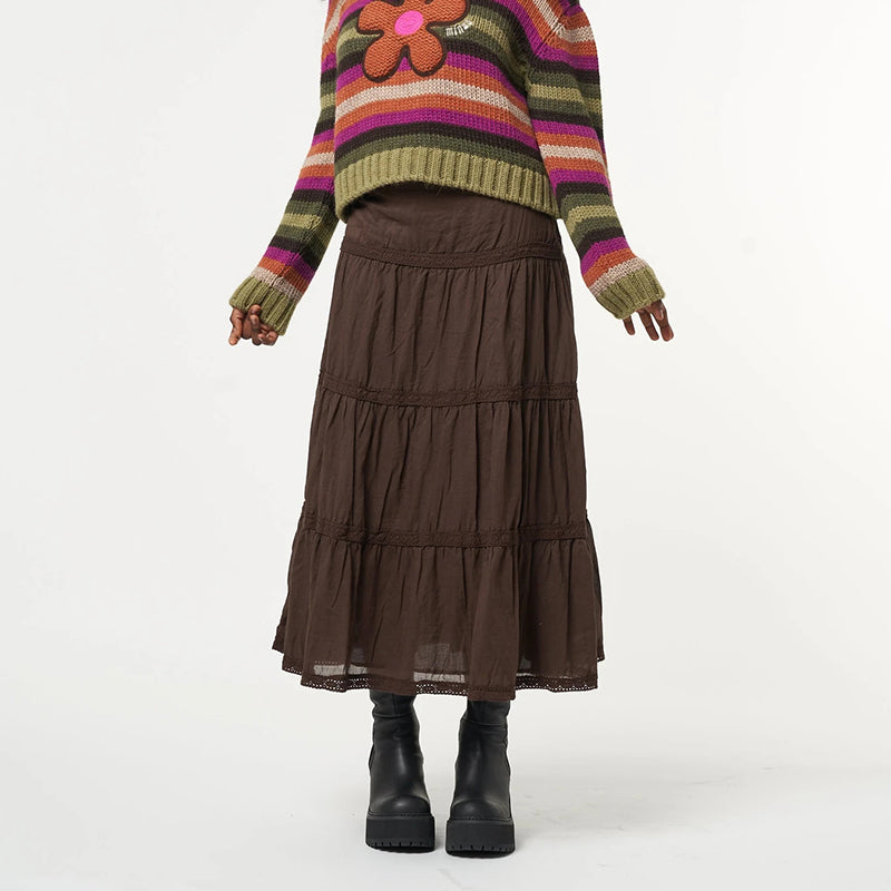 Retro Brown Ruffle Long  Skirts