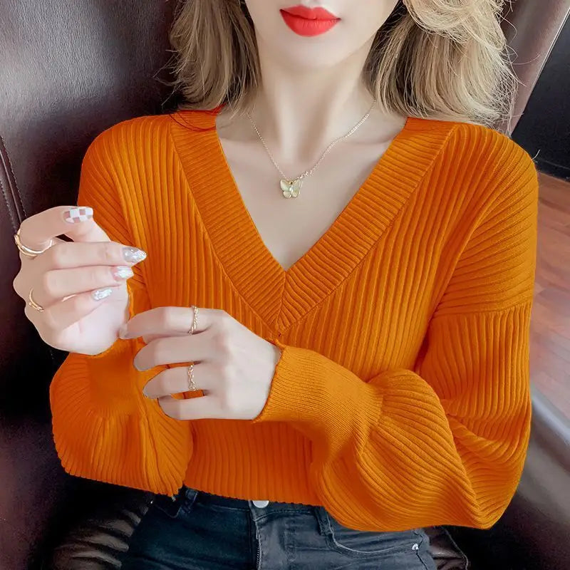 Vibrant Style Casual V-neck  Knit  Sweater Pullover