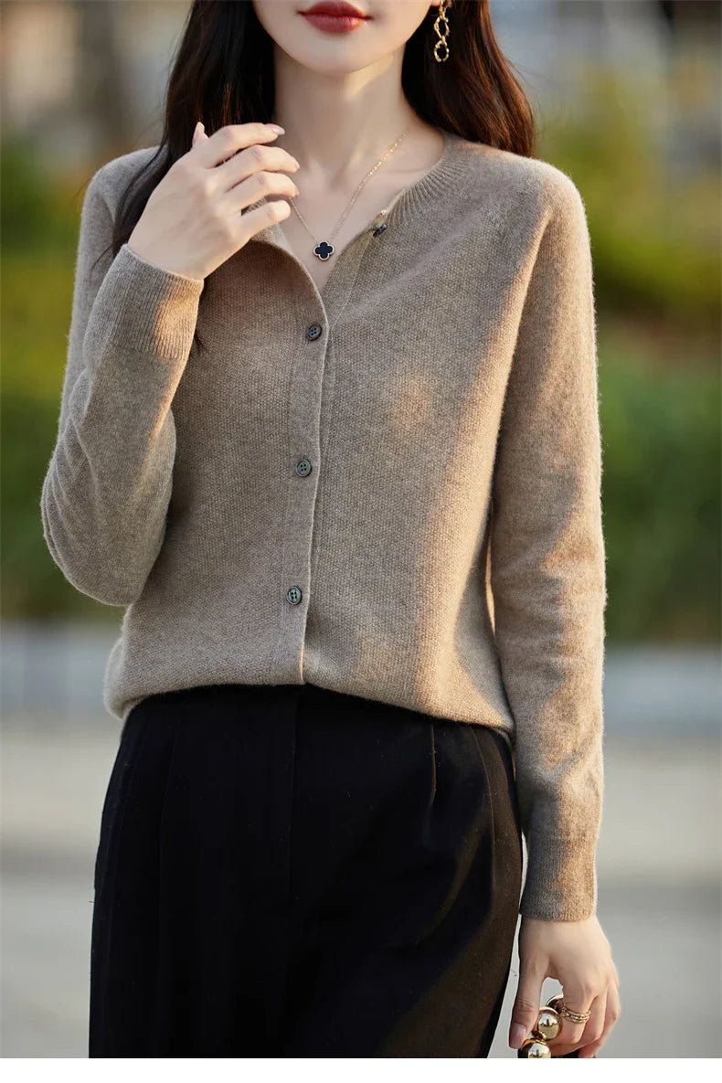 Soft Wool Cashmere Blend Knitted Round Neck Cardigan