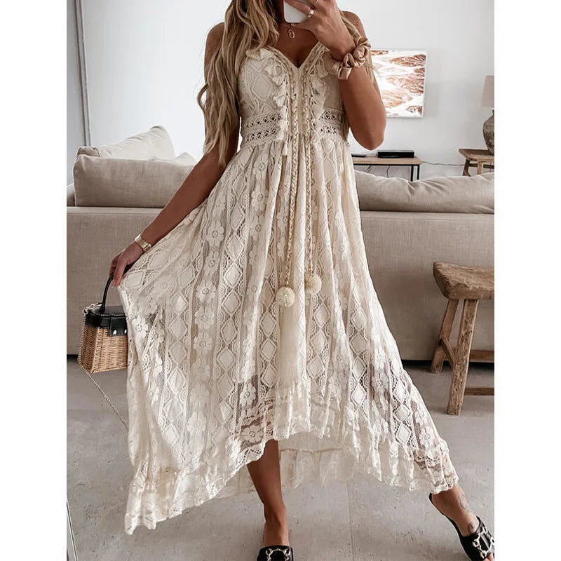 Boho White Beige Lace V Neck Dress
