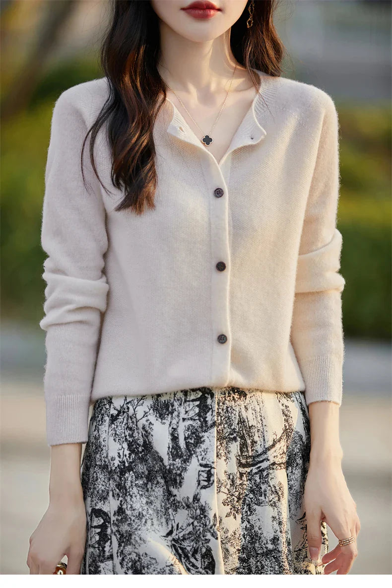 Soft Wool Cashmere Blend Knitted Round Neck Cardigan