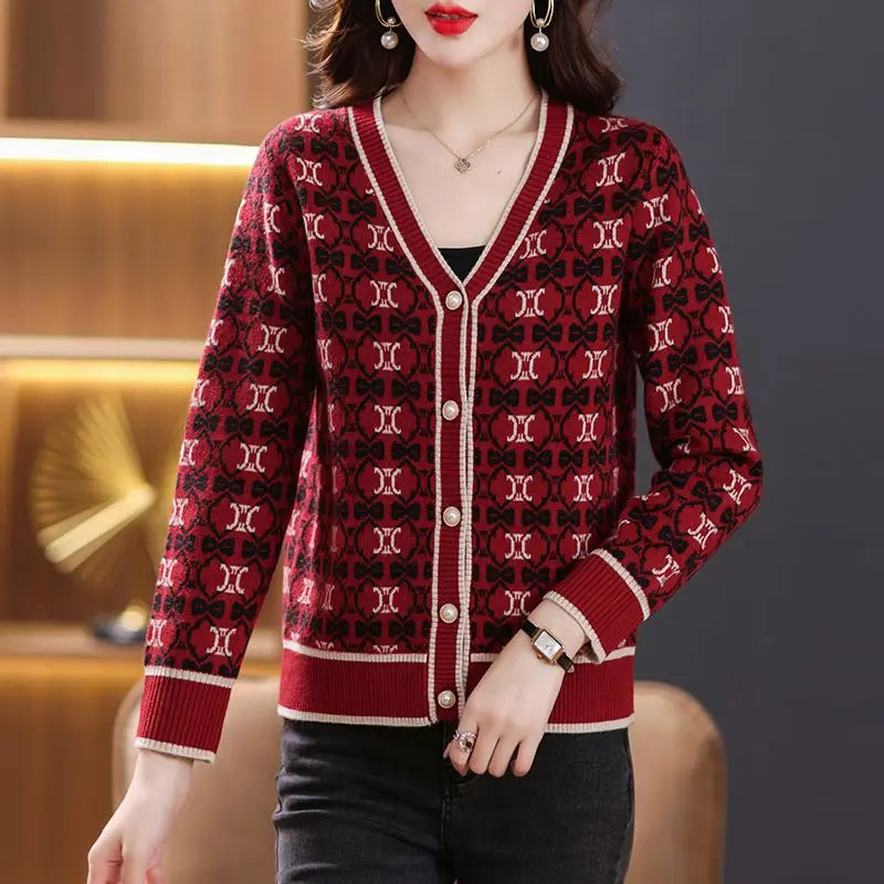 Vintage Elegant V-neck Jacquard Knitted Cardigan