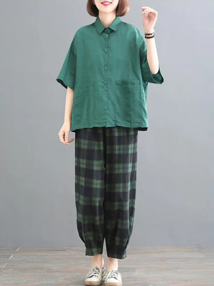 Vntage Style Loose Cotton Shirts & Plaid Pants 2 Piece Set