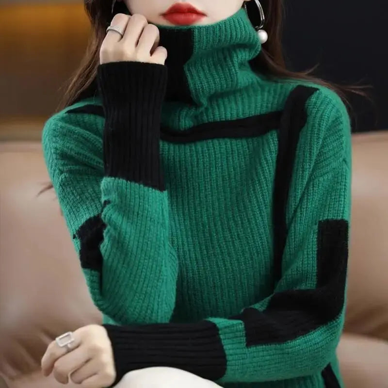 Patchwork Art Design Knit Sweater with High-Collar& Raglan Sleeve