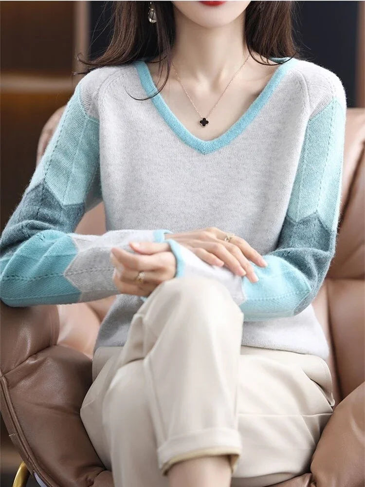 Artist Style  Patchwork V Neck Knitted Sweater Tops